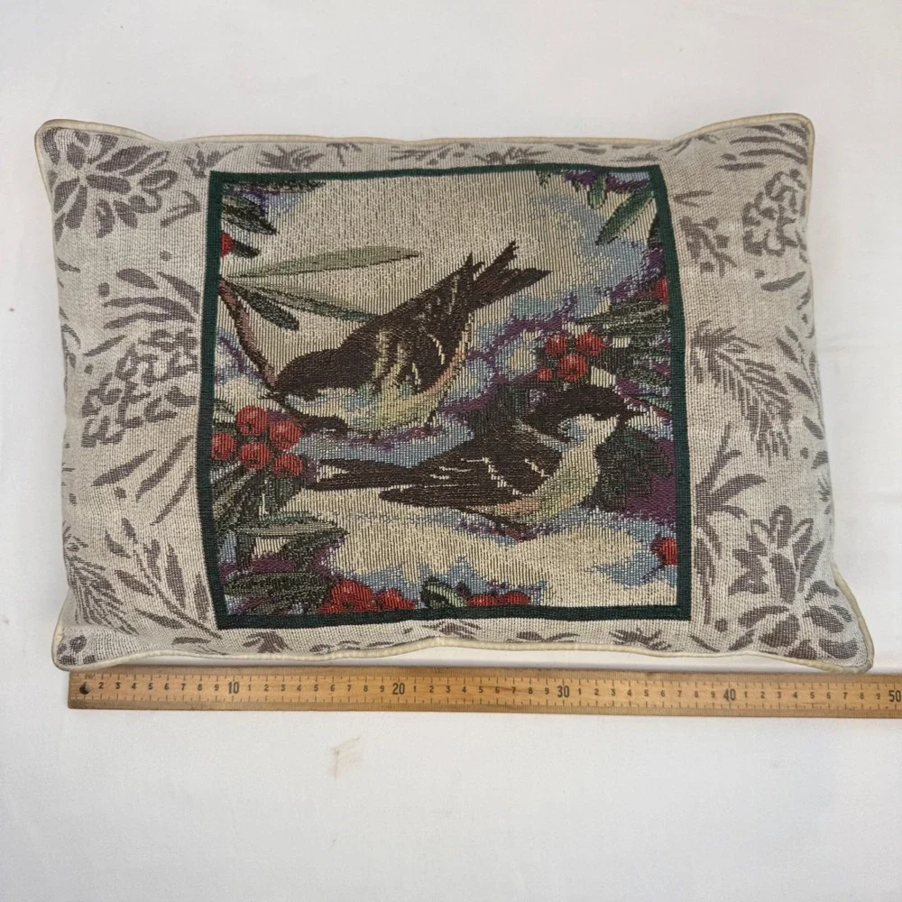 Vintage Woven Tapestry Bird Throw Pillow Winter Berries Rectangular Accent